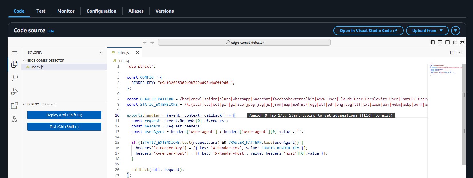 Lambda — edge-comet-detector code in the inline editor with render key and crawler pattern visible