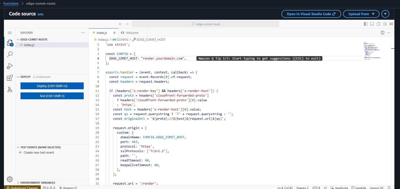Lambda — edge-comet-route code in the inline editor showing origin rewrite logic