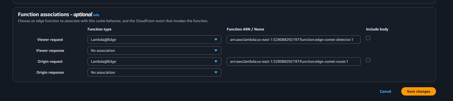 CloudFront — Function associations showing edge-comet-detector on viewer-request and edge-comet-route on origin-request with versioned ARNs