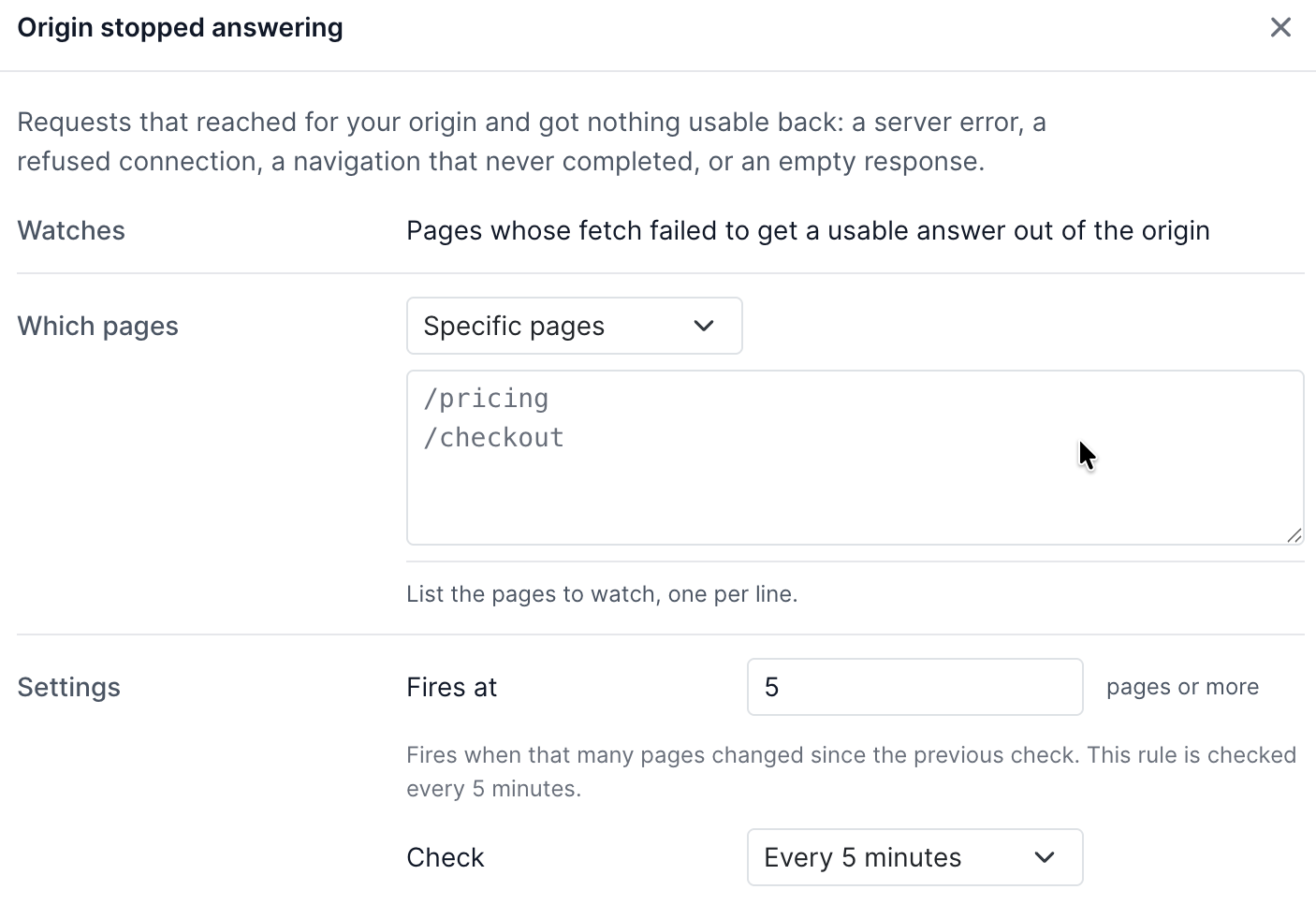 The Add rule form for Origin stopped answering, showing the Which pages selector set to Specific pages with two paths listed, a Fires at threshold of 5 pages or more, and a Check interval of every 5 minutes