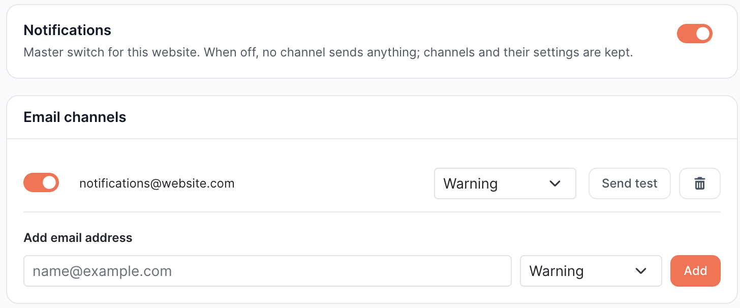 The Notifications page, with a master switch for the website above an Email channels list holding one address with its enabled toggle, a Warning severity selector, a Send test button and a delete control, and a form to add another address