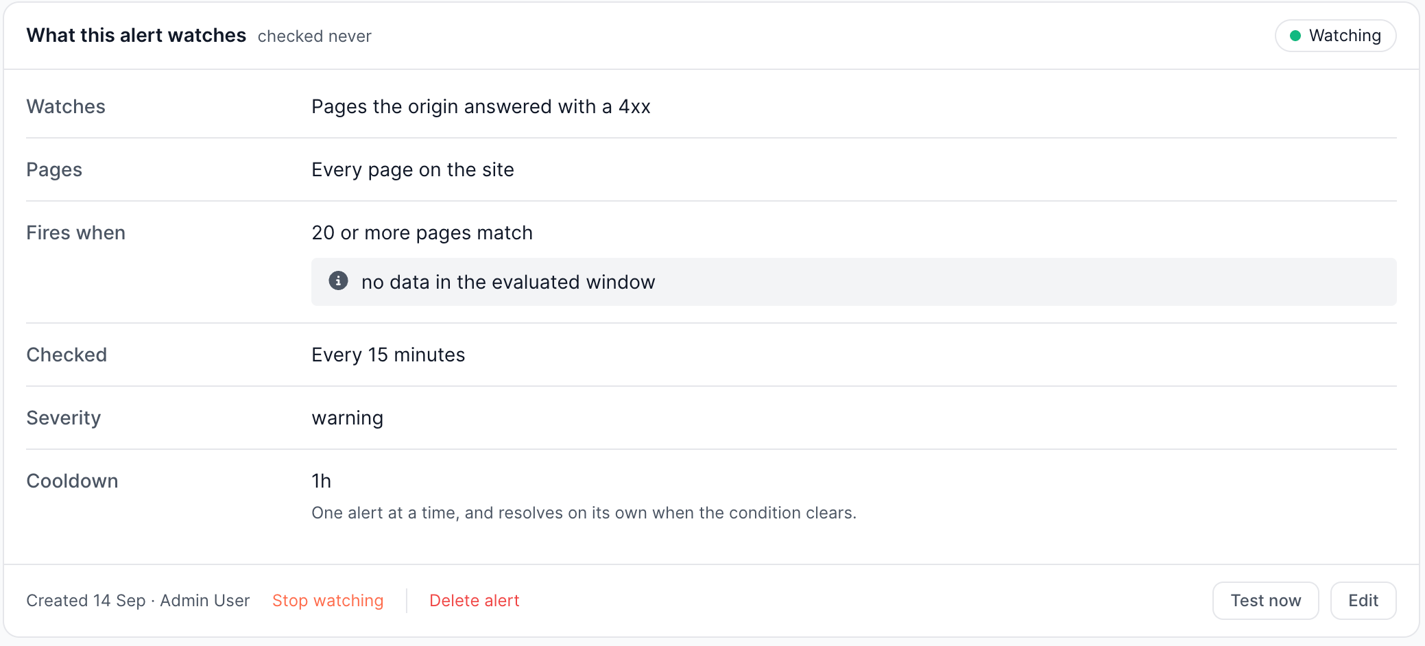 A saved rule showing a green Watching badge, what it watches, the pages it covers, a threshold of 20 or more pages, a check interval of every 15 minutes, warning severity and a one hour cooldown, with Test now and Edit actions