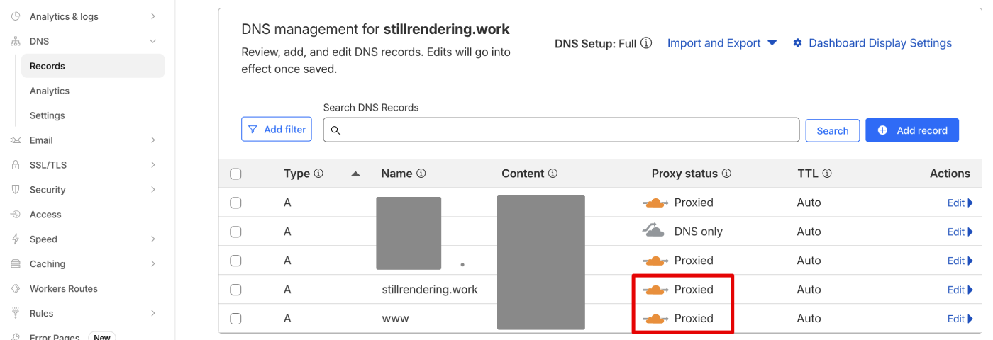 Cloudflare DNS records showing Proxied status with orange cloud icon
