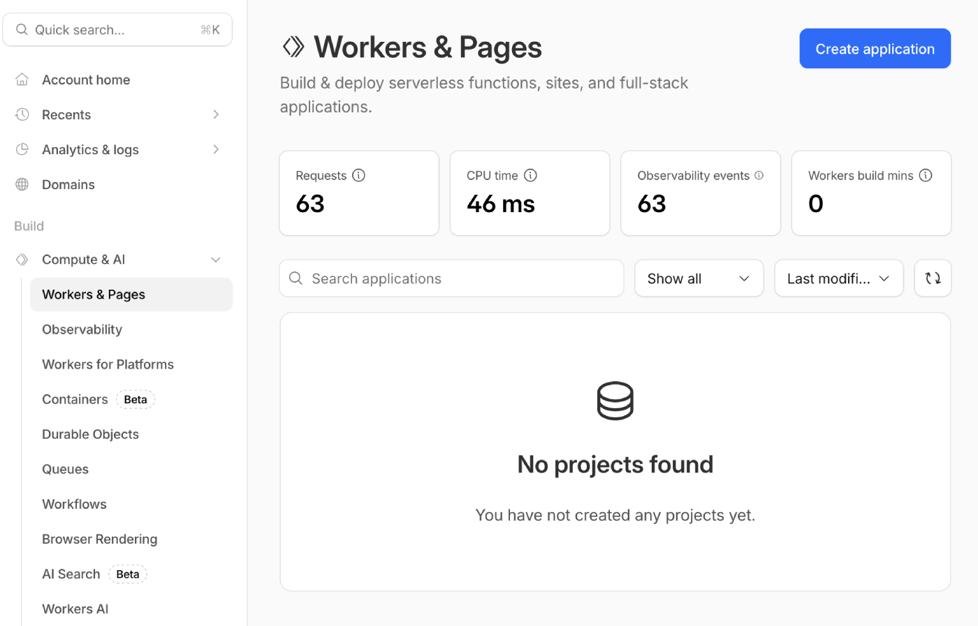 Workers and Pages dashboard showing Create application button