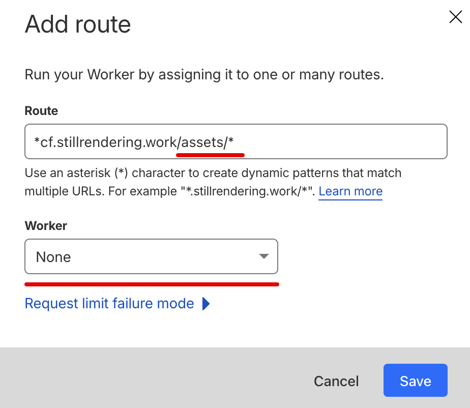 Add route dialog with asset path and Worker set to None