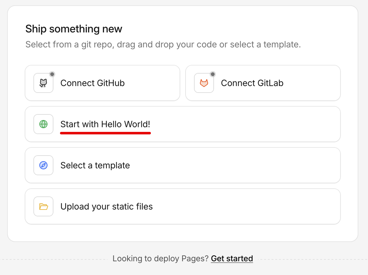 Ship something new dialog with Start with Hello World option