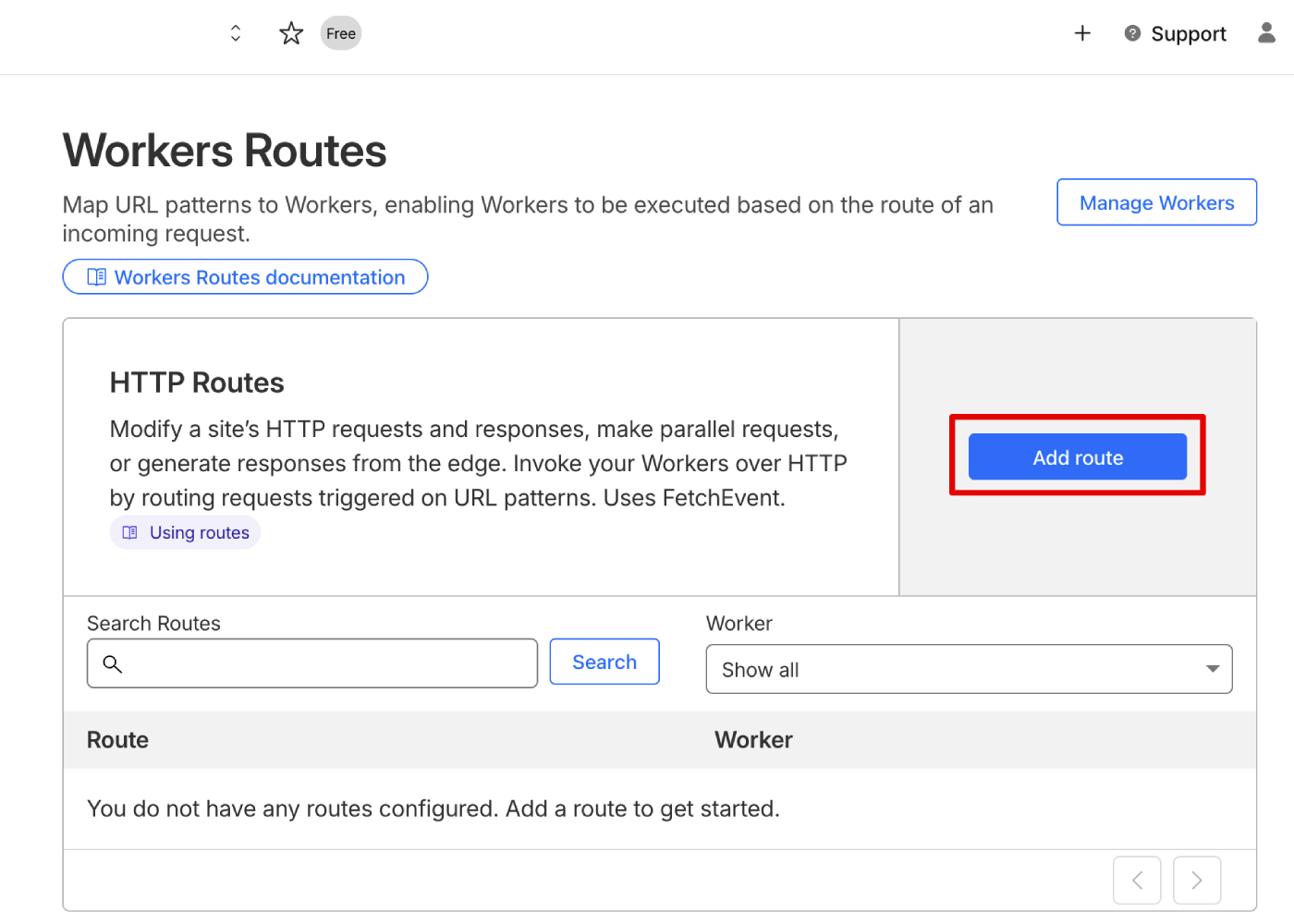 Workers Routes page with Add route button