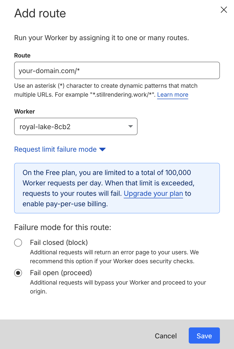 Add route dialog with route pattern and failure mode options