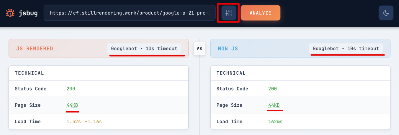 jsbug.org comparison showing JS rendered vs non-JS content