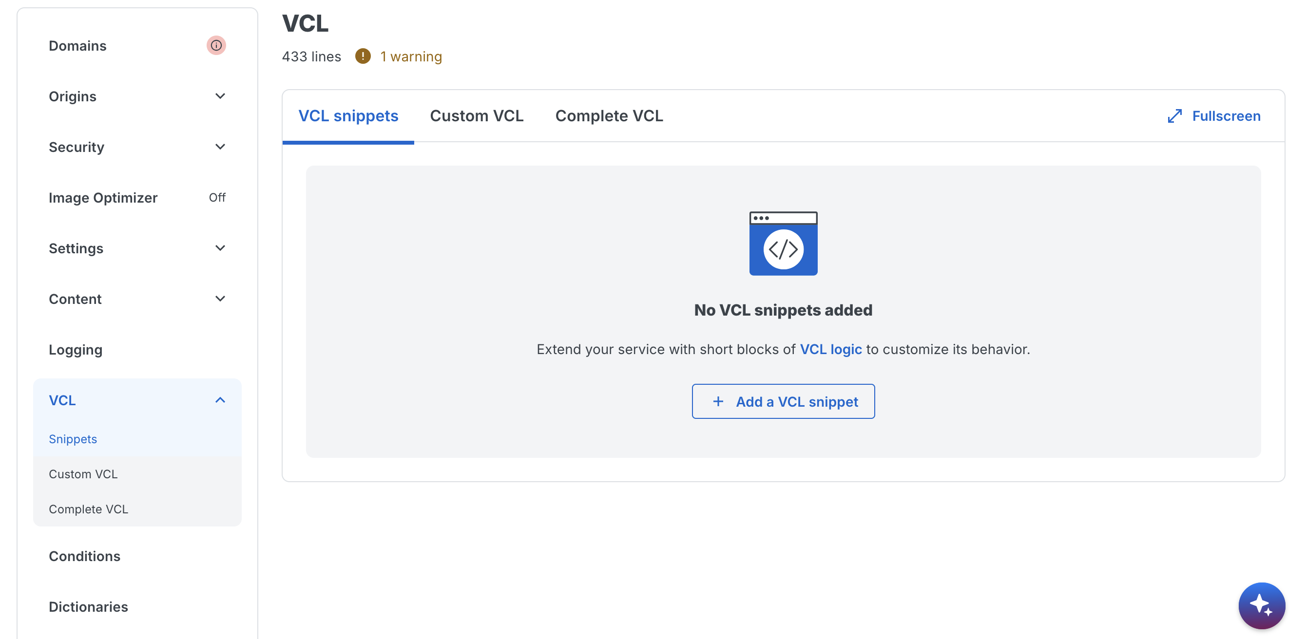 VCL Snippets page showing Add a VCL snippet button