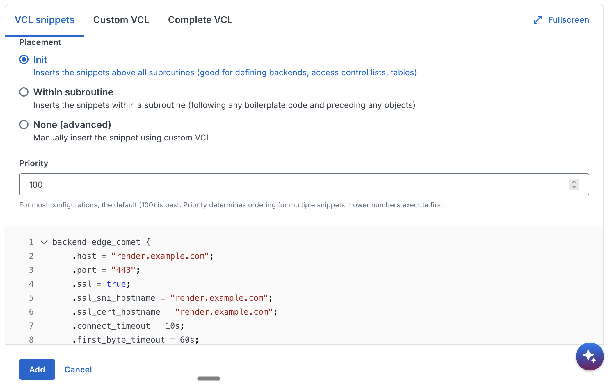 Create snippet dialog with Init placement and backend definition code