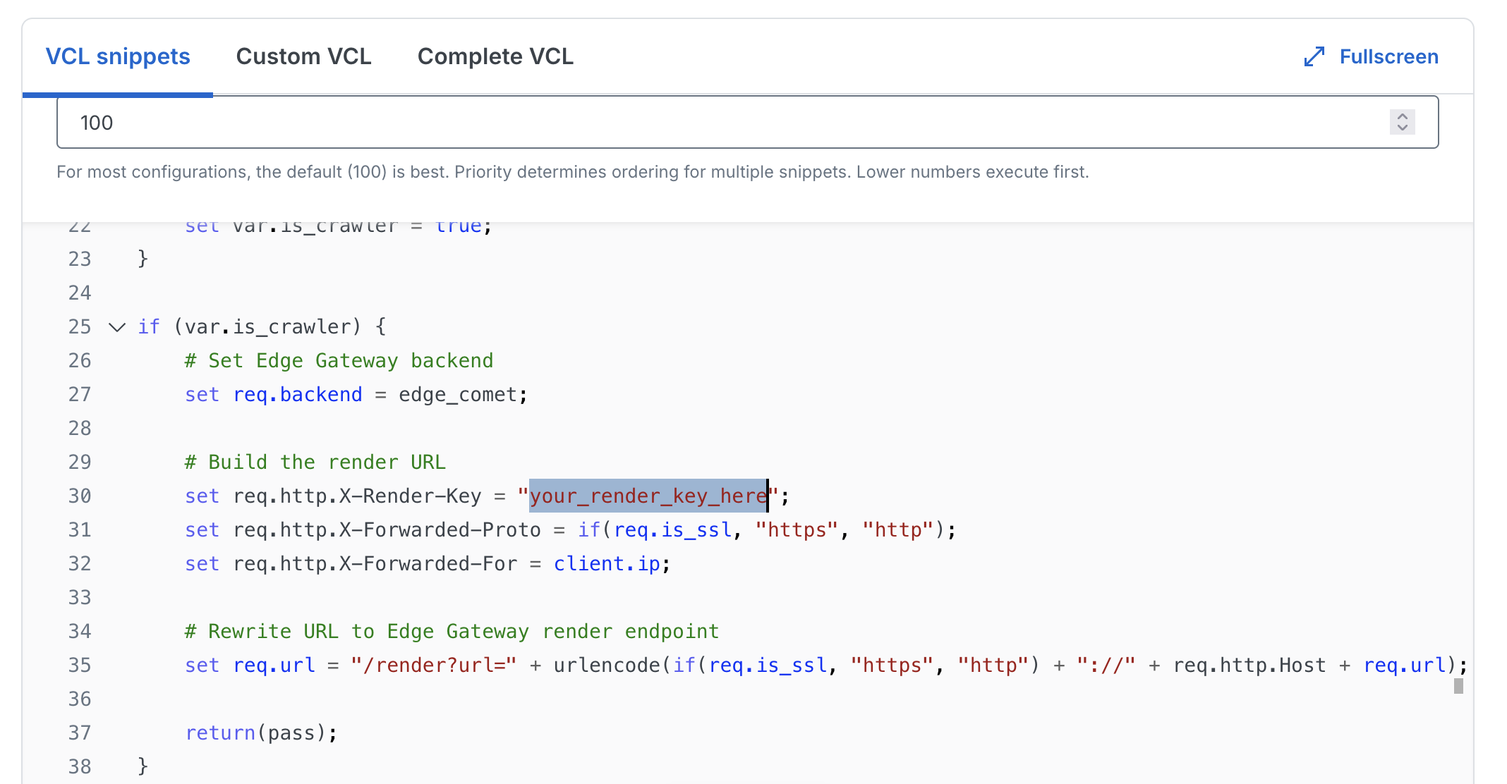 Recv snippet code with render key placeholder highlighted
