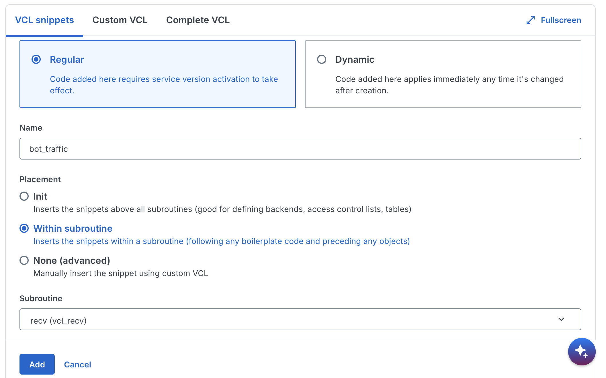 Create snippet dialog with Within subroutine placement and recv selected