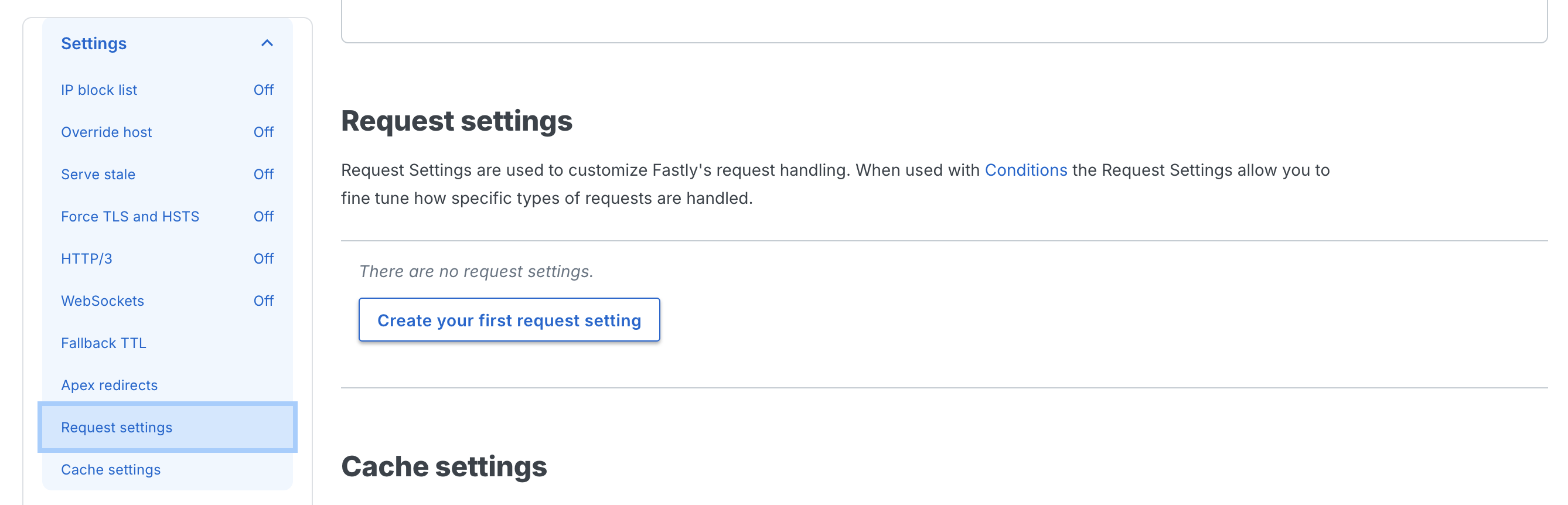 Settings sidebar showing Request settings and Cache settings