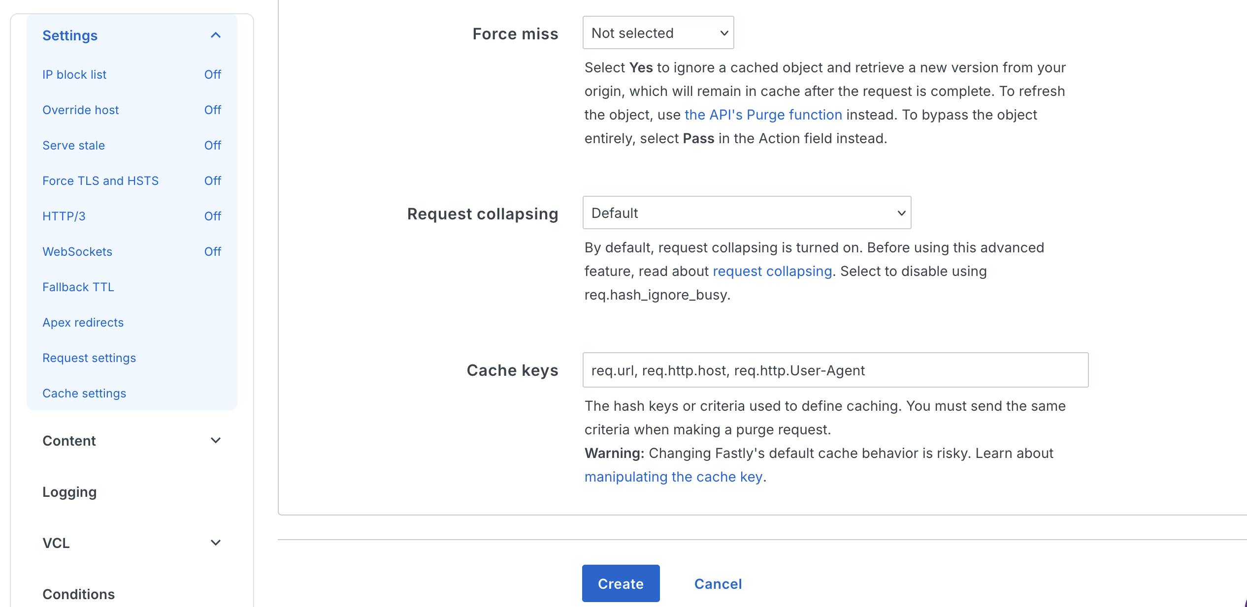 Cache settings with cache key field including User-Agent
