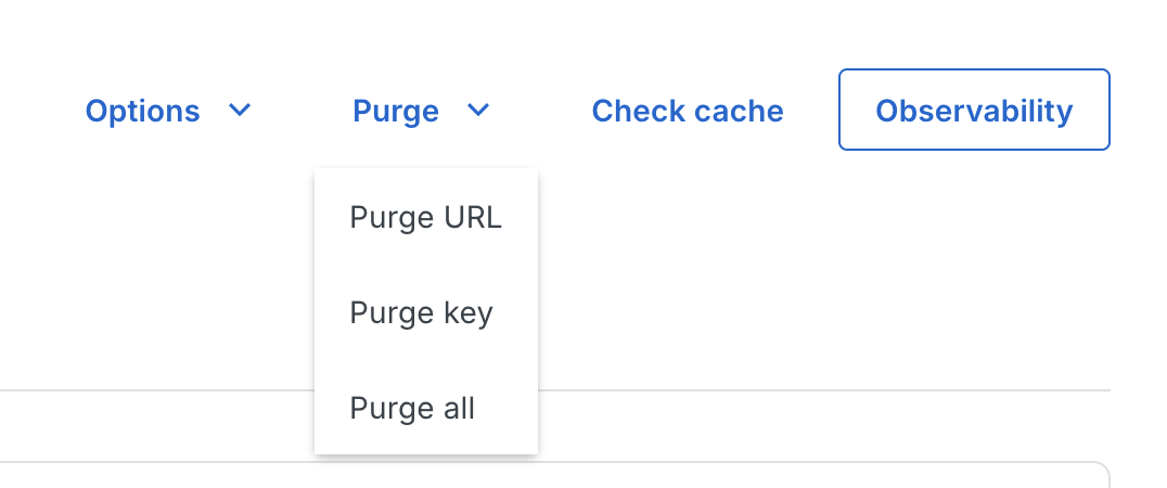 Purge dropdown showing Purge URL, Purge key, and Purge all options