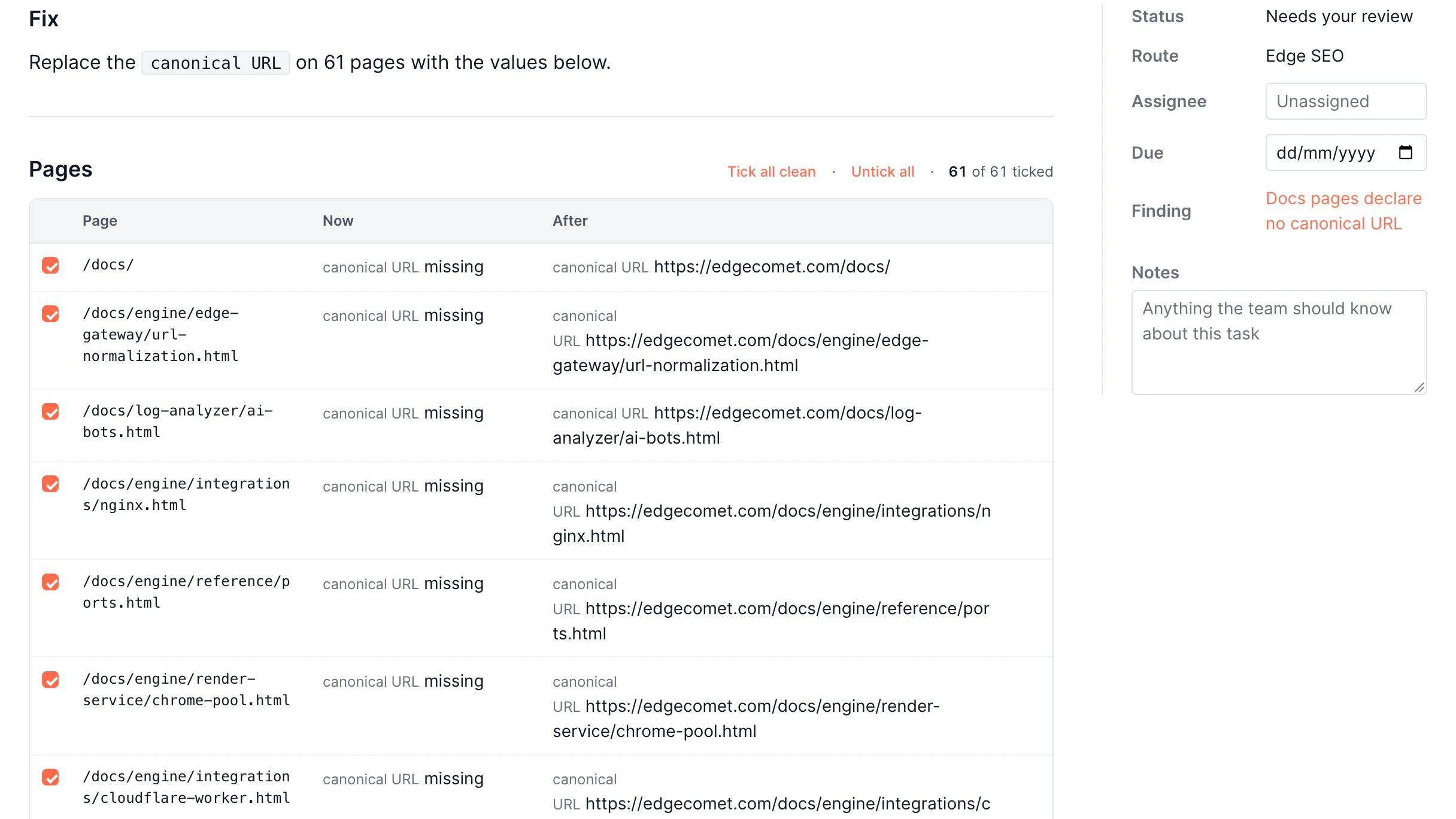 Action Board Drafted fixes screen in the EdgeComet dashboard