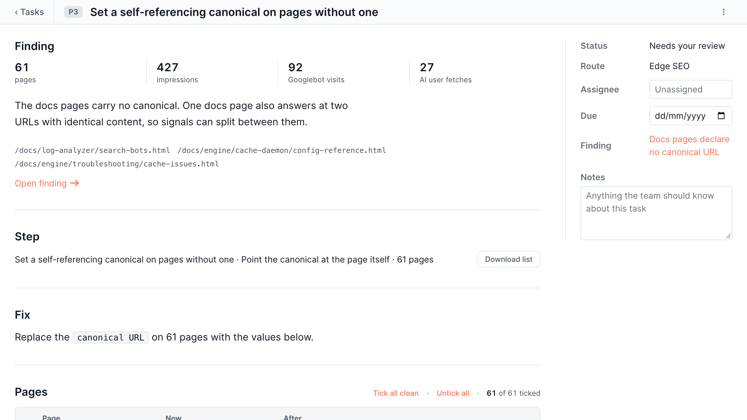 Action Board Tasks screen in the EdgeComet dashboard
