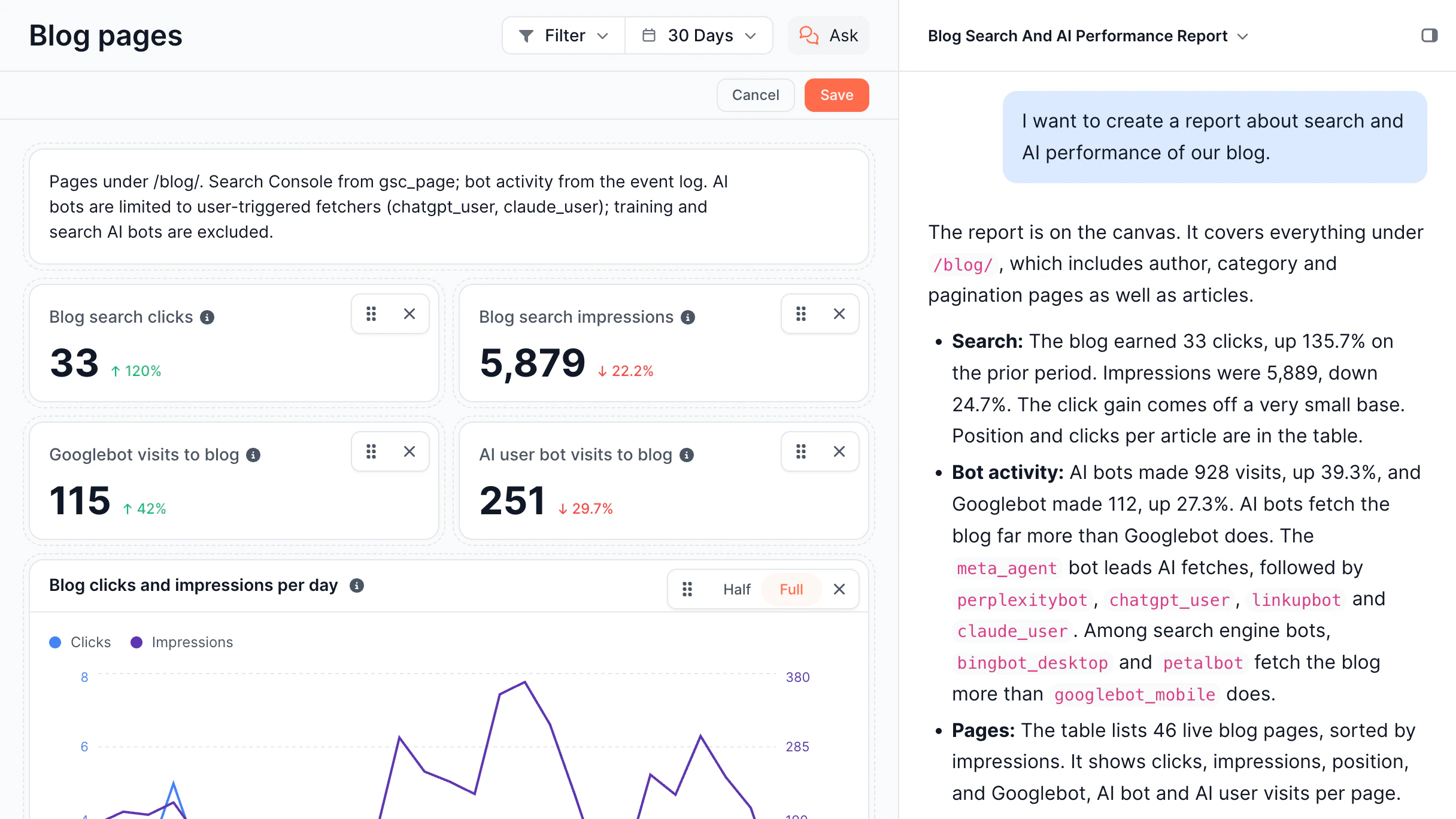 AI Agent Custom reports screen in the EdgeComet dashboard