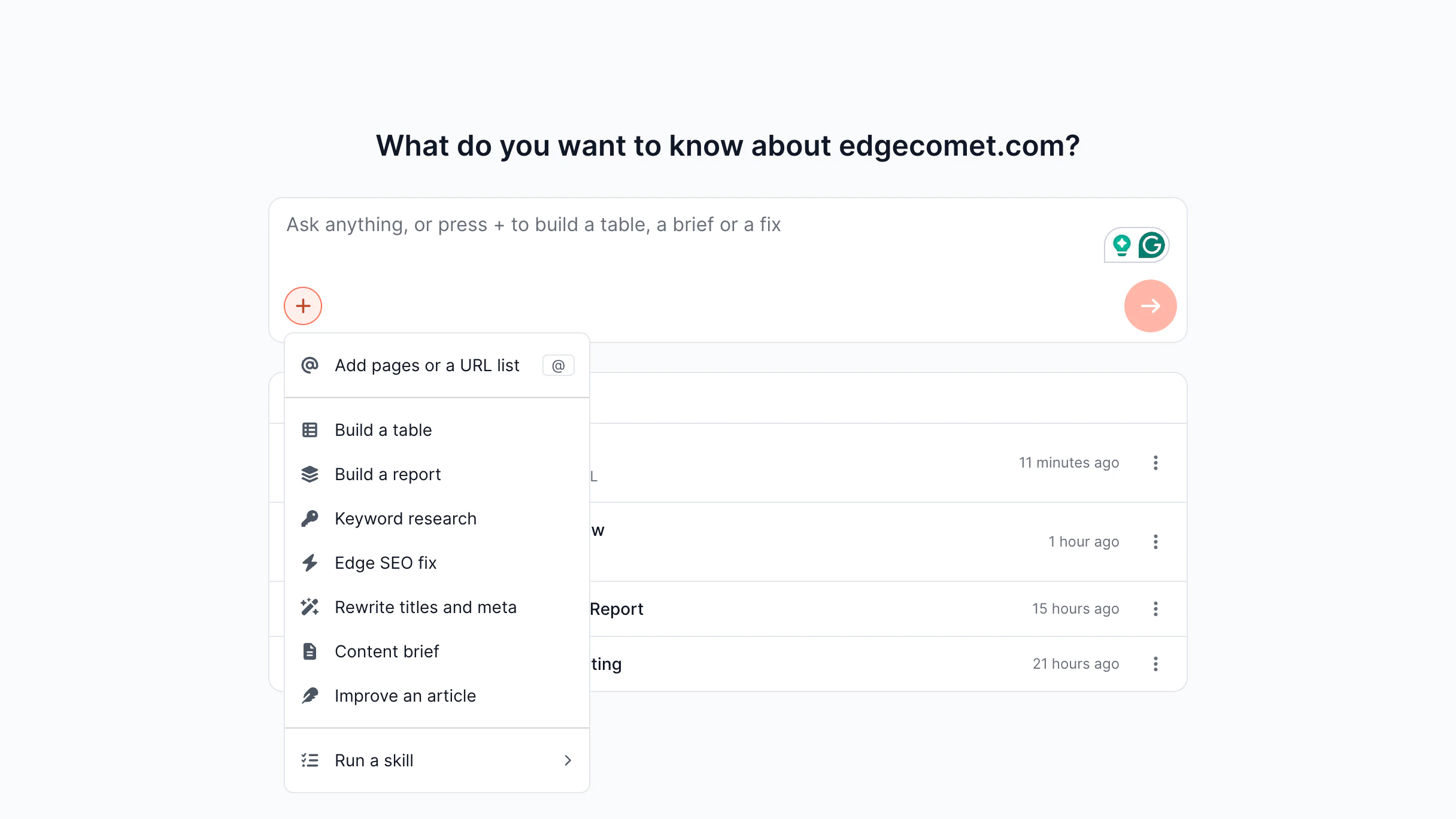 AI Agent Skills and drafts screen in the EdgeComet dashboard