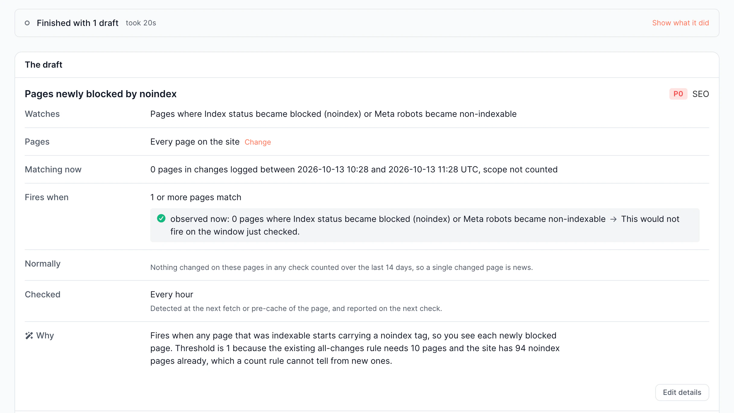 Alerts Drafted rule screen in the EdgeComet dashboard