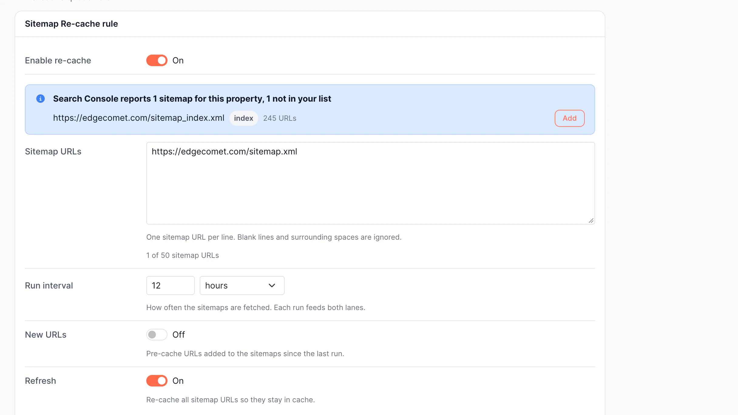 Cache & Rendering Sitemaps screen in the EdgeComet dashboard