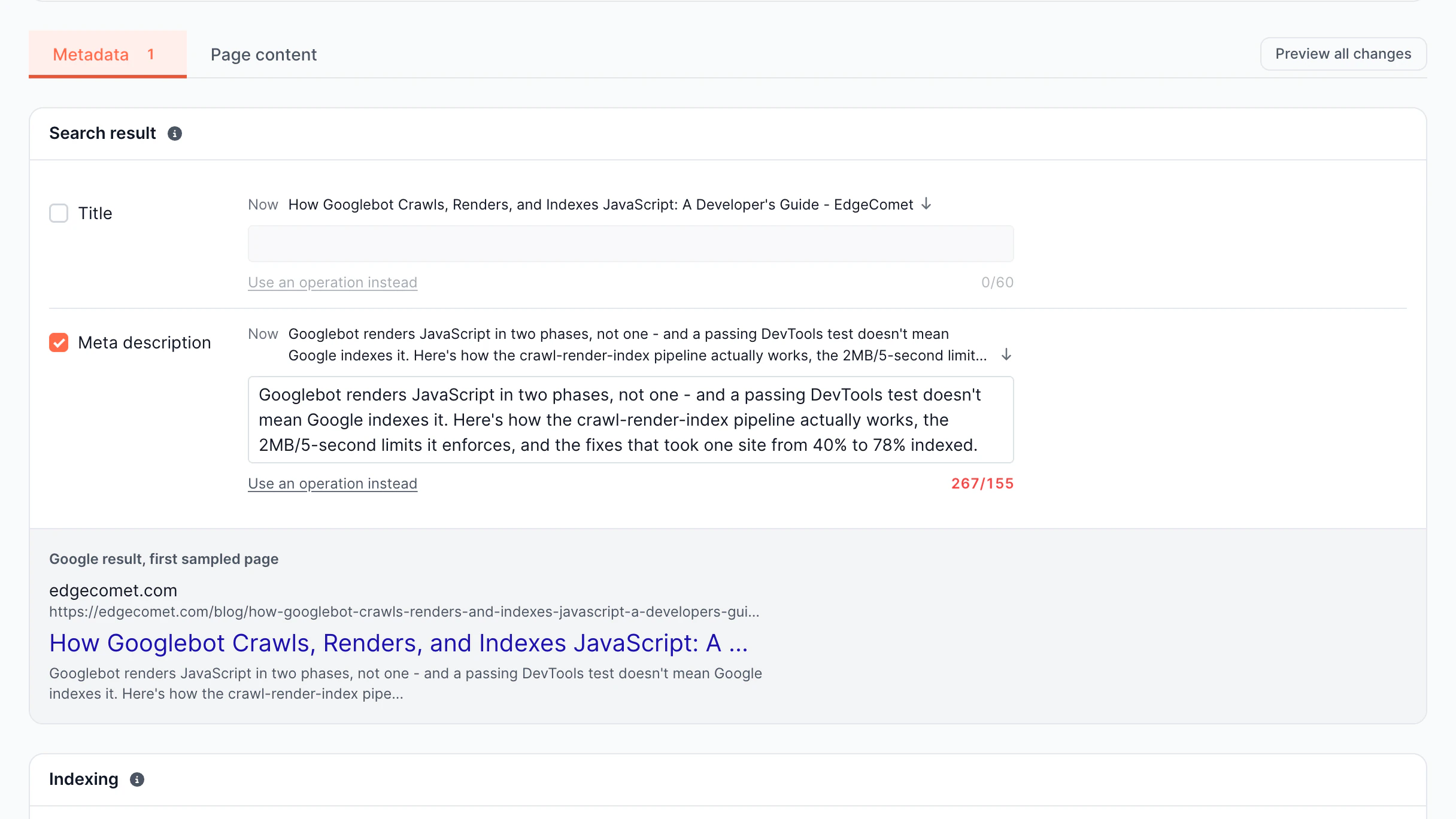 Edge SEO Metadata screen in the EdgeComet dashboard
