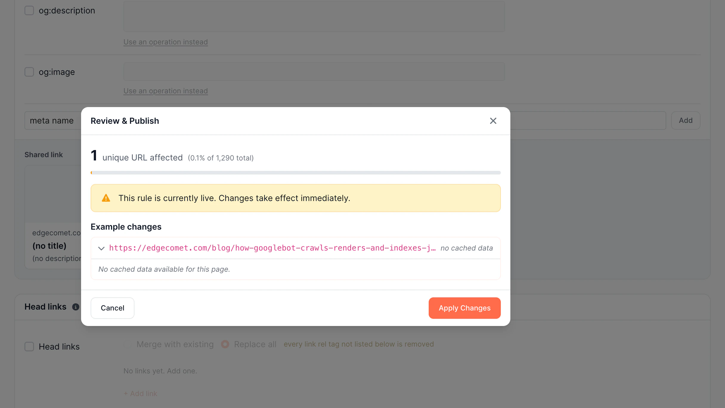 Edge SEO Review and publish screen in the EdgeComet dashboard