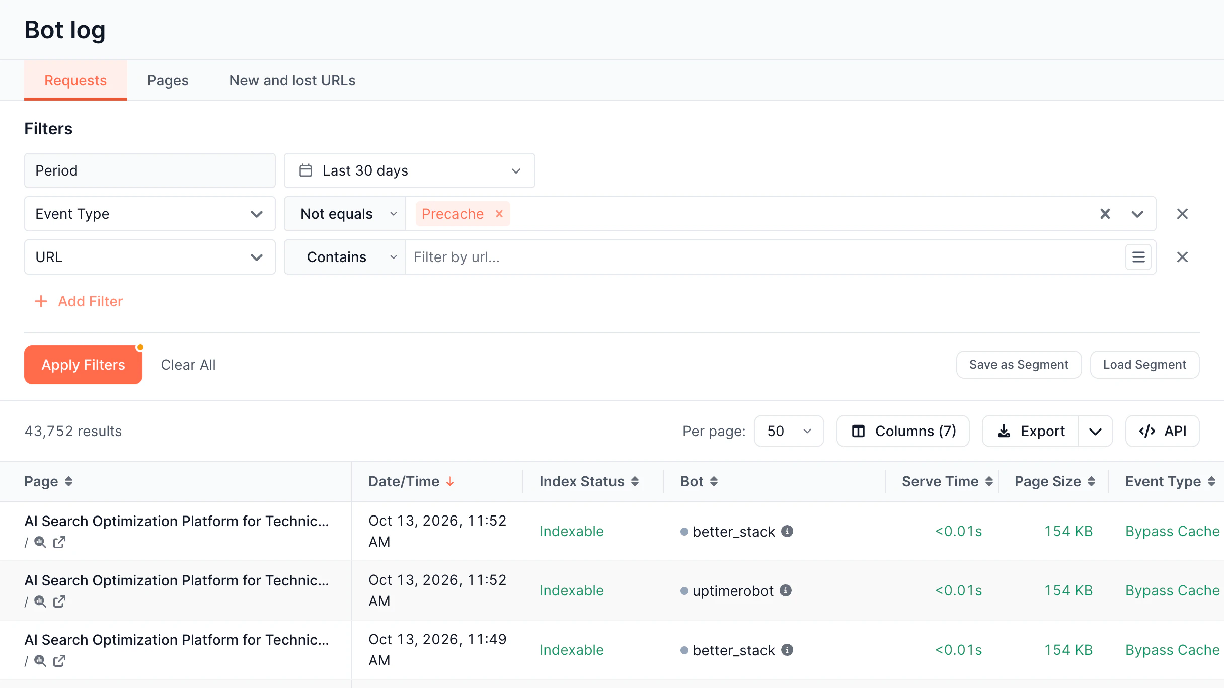 Data Explorer Bot log screen in the EdgeComet dashboard