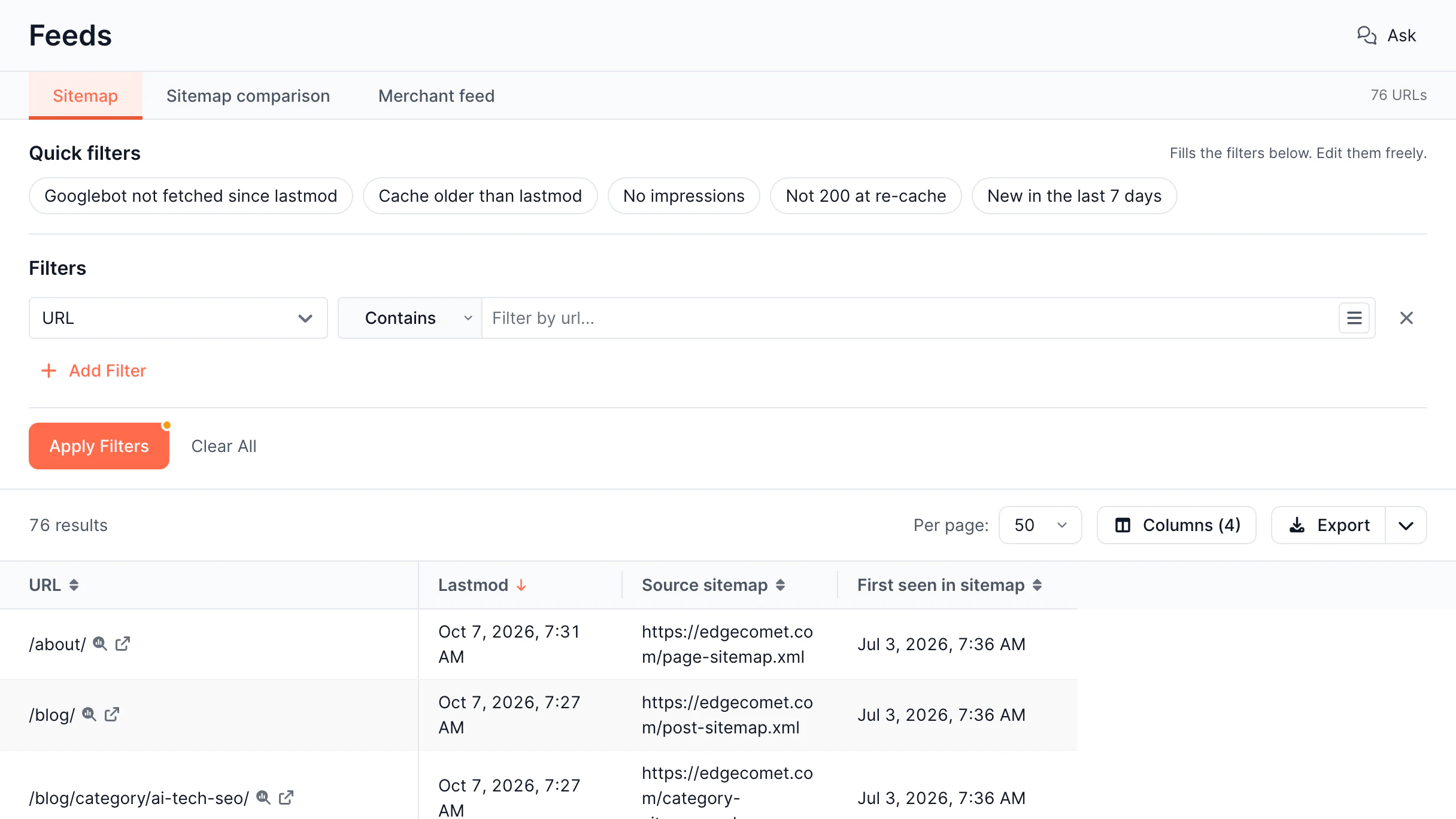Data Explorer Feeds screen in the EdgeComet dashboard