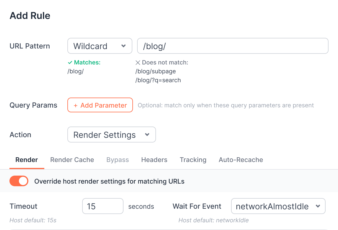 Add Rule form for a URL pattern with render timeout and wait-for-event overrides