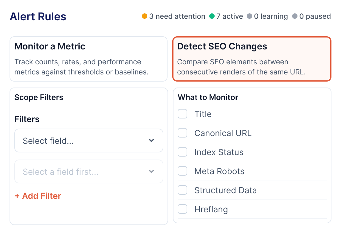 Alert Rules configuration panel for monitoring a metric or detecting SEO changes