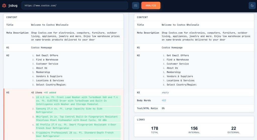 JsBug interface showing changed H3 on the Costco index page
