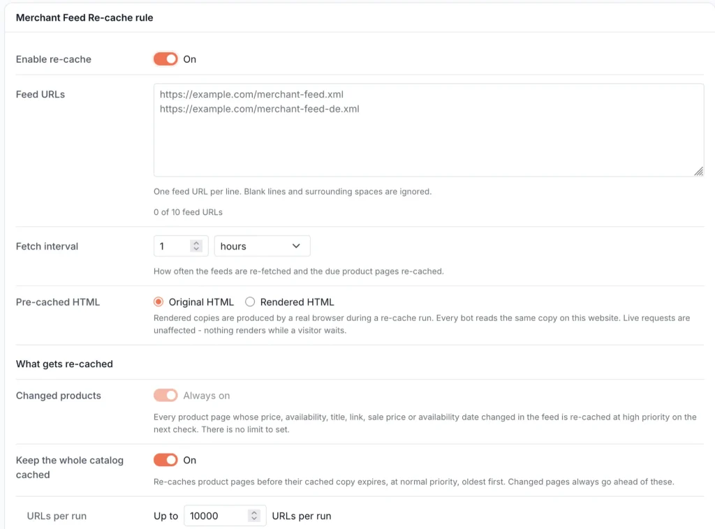 Merchant Feed Re-cache rule settings: feed URLs, fetch interval, pre-cached HTML, the always-on changed-products lane and the optional whole-catalog lane with URLs per run
