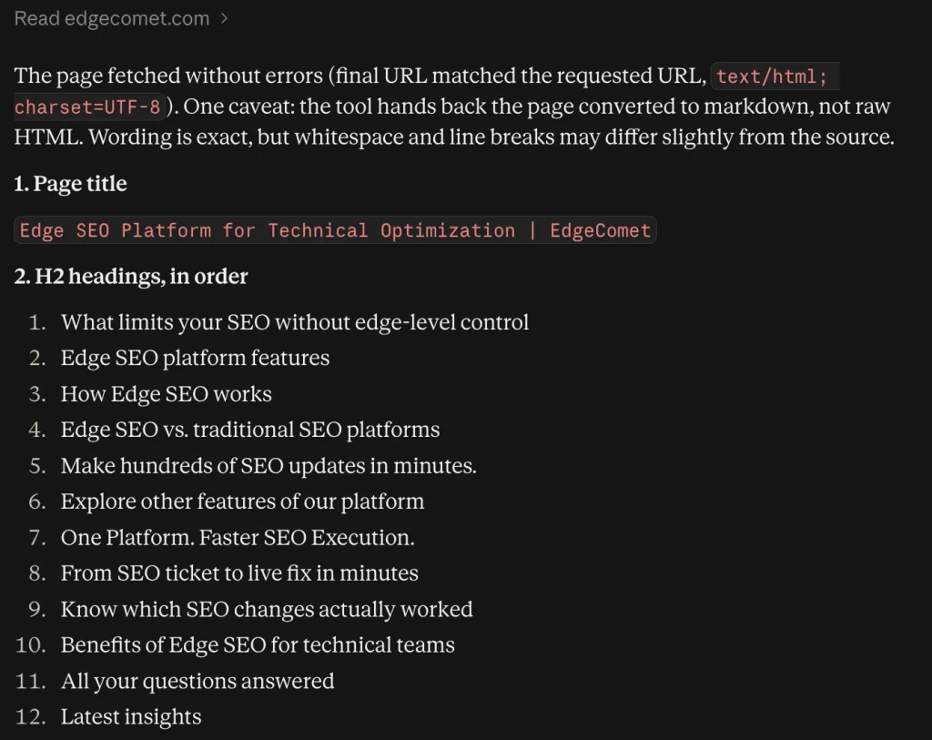 An AI assistant fetching edgecomet.com: it confirms the page loaded without errors, then quotes the exact page title and every H2 heading in order
