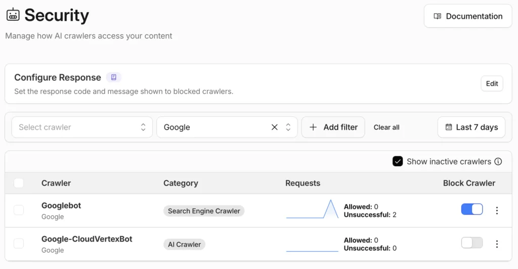 AI crawler controls in a CDN dashboard, filtered to Google: Googlebot and Google-CloudVertexBot with their category, allowed and unsuccessful requests, and a Block Crawler switch that is turned on for Googlebot