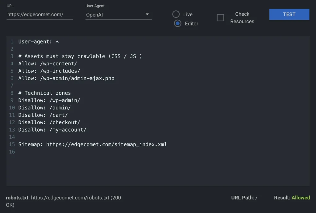 TechnicalSEO.com robots.txt tester in Editor mode with the OpenAI user agent selected: the edgecomet.com rules return Allowed for the homepage