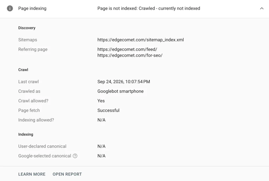 Google Search Console URL Inspection: crawl allowed, page fetch successful, crawled as Googlebot smartphone, and still Crawled - currently not indexed