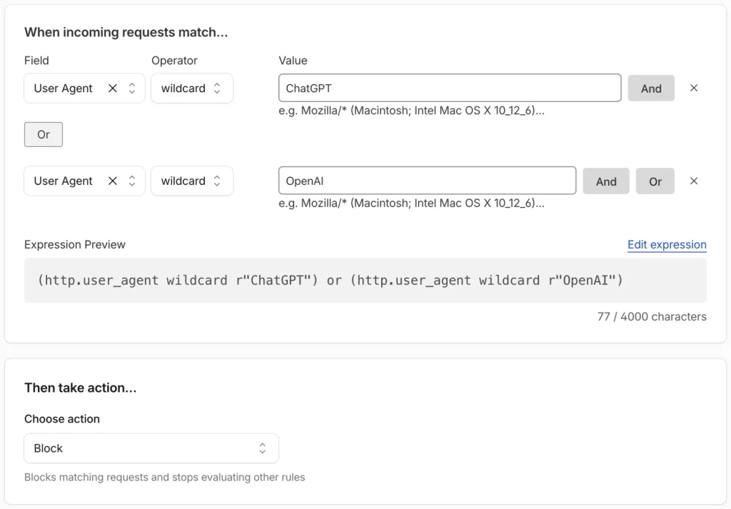 A Cloudflare WAF custom rule that blocks requests whose user agent matches ChatGPT or OpenAI, noting that Block stops evaluation of any other rules