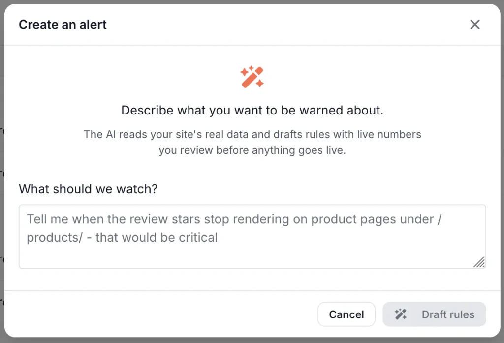 Create an alert dialog in EdgeComet: describe what you want to be warned about in a sentence, and the AI drafts rules from the real data of your site