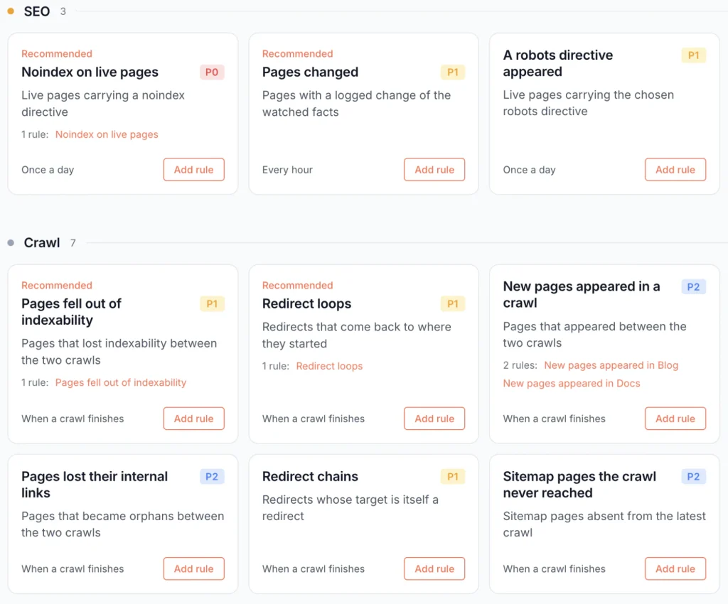 Alert templates grouped by area, such as SEO and Crawl, with recommended templates, severity and check schedule on each card