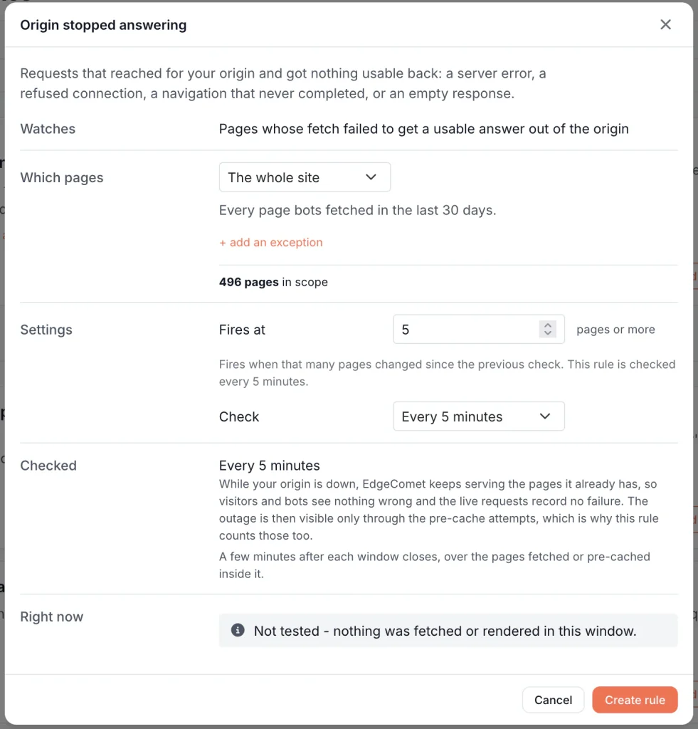 Settings for the Origin stopped answering alert: the whole site in scope with an option to add exceptions, fires at 5 or more pages, checked every 5 minutes, and a live test against the current window