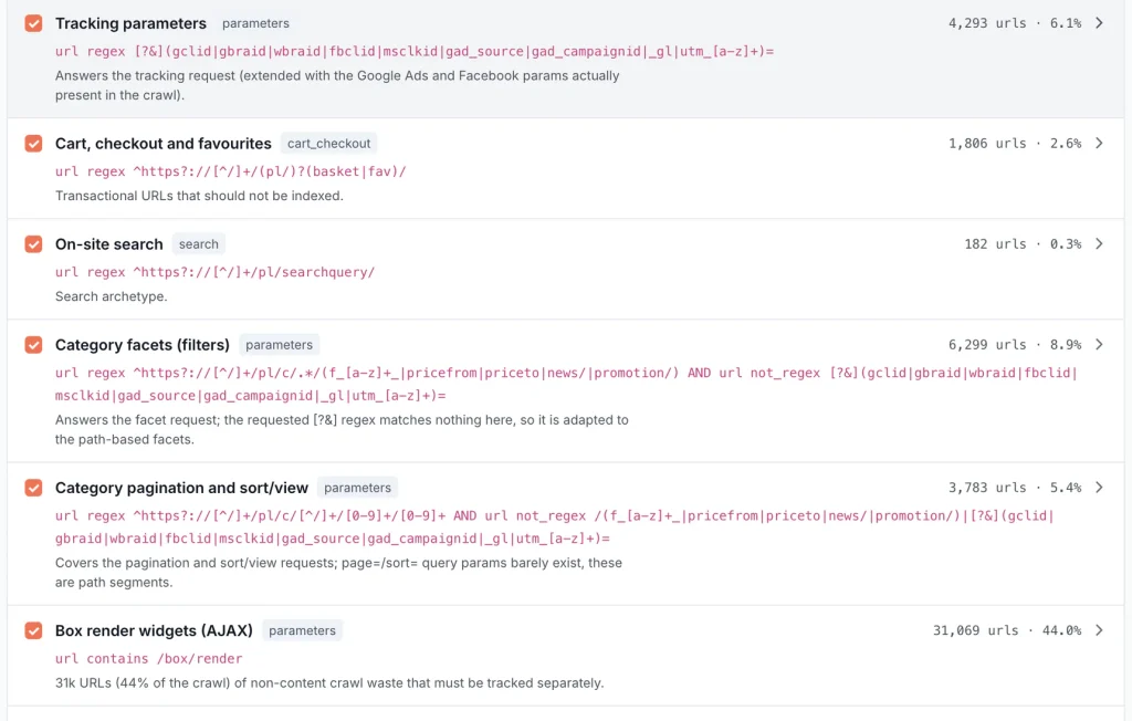 EdgeComet AI segment proposals with URL rules and match counts for tracking parameters, cart and checkout, on-site search, category facets, pagination and sort, and AJAX widgets