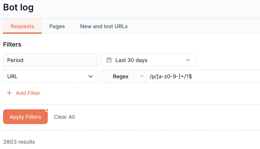 EdgeComet Data Explorer, Bot log requests filtered by the URL regex /p/[a-z0-9-]+/?$ for product pages over the last 30 days