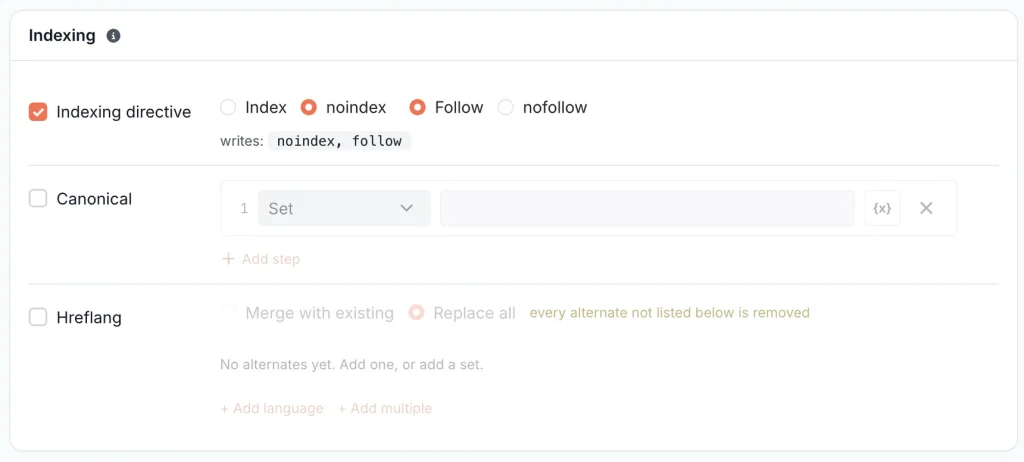EdgeComet Edge SEO Indexing settings with the indexing directive set to noindex, follow