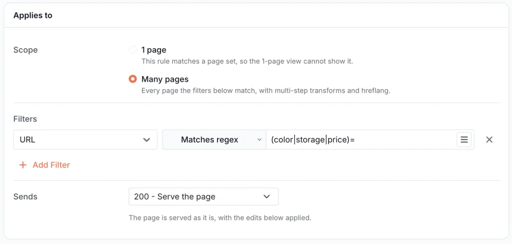 EdgeComet Edge SEO rule scoped to many pages, with a URL filter matching the regex (color|storage|price)= and the page served with status 200