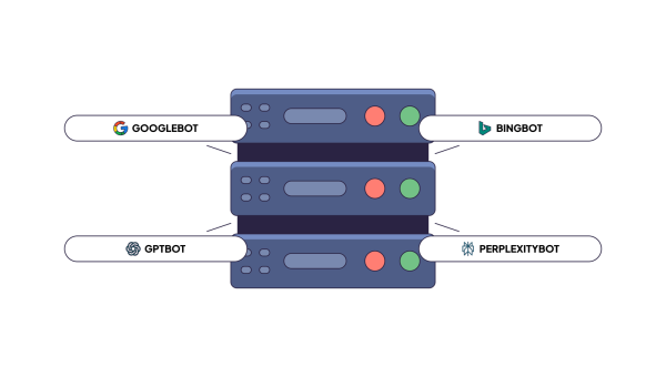 A server rack with four crawler labels around it: Googlebot, Bingbot, GPTBot and PerplexityBot